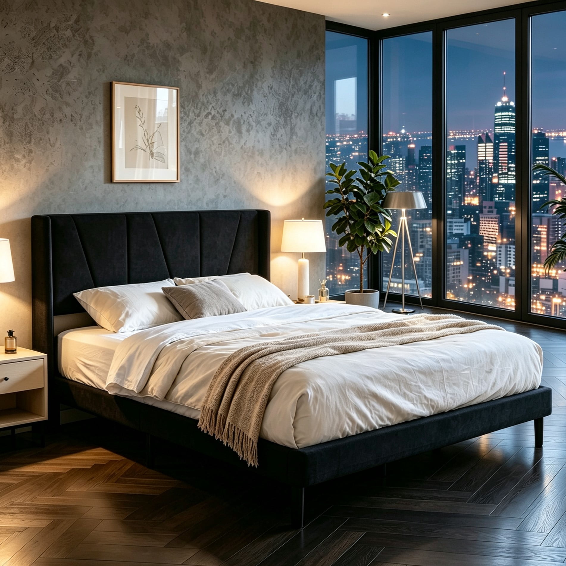 Gewnee Full Size Bed Frame,Velvet Upholstery Platform Bed with Headboard,No Box Spring Needed,Black