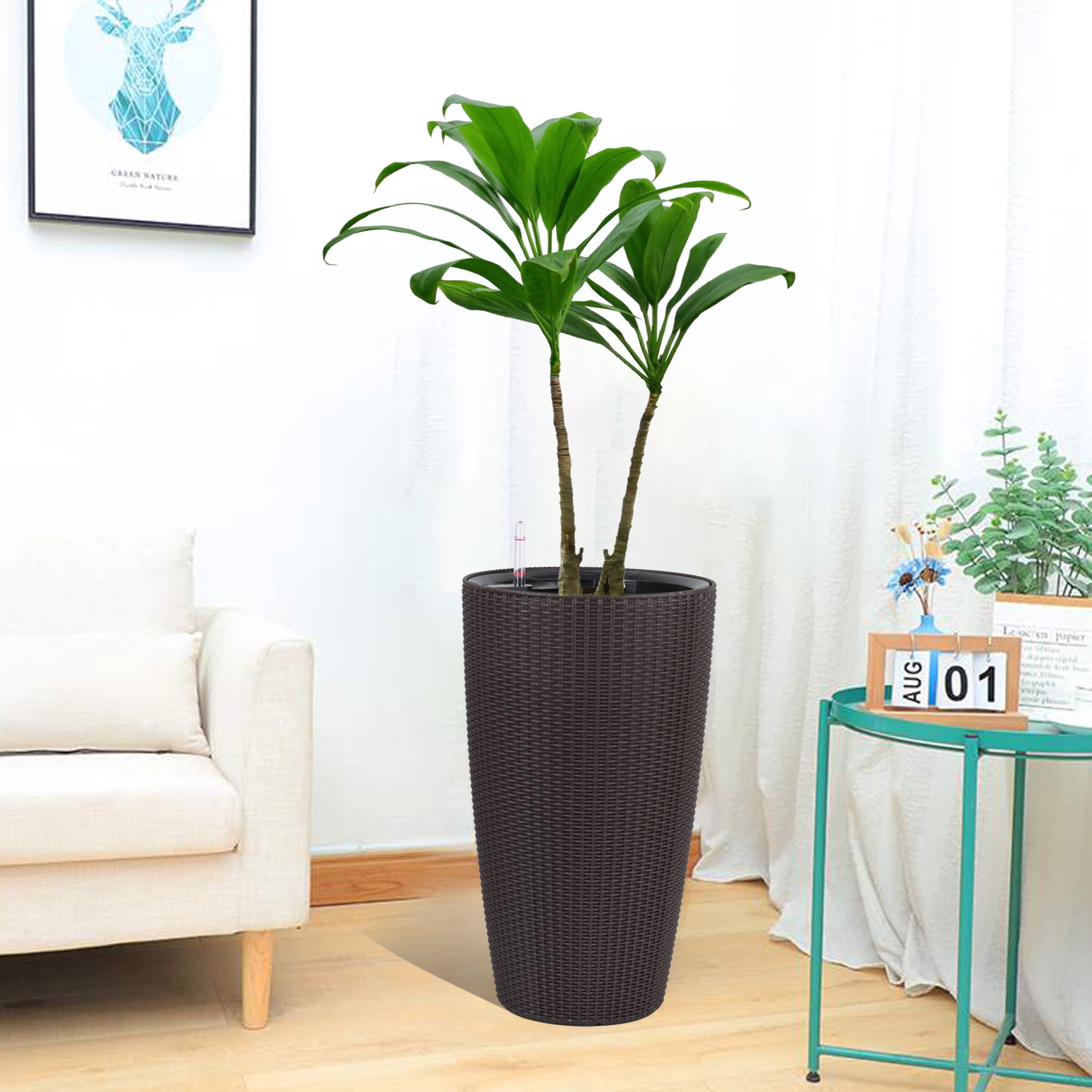 Noble House 2 Pack 22.44" Tall Self-Watering Faux Rattan Planters with Water Level Monitor, Brown