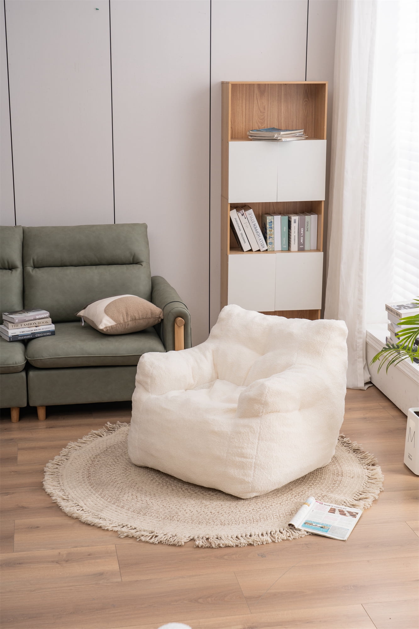 Bellemave Modern Bean Bag Chair for Kids and Adults Teddy Fabric Upholstered Soft Sofa Chair Foam Filled Bean Bag Chair Comfortable Couch for Living Room, Bedroom, Ivory White