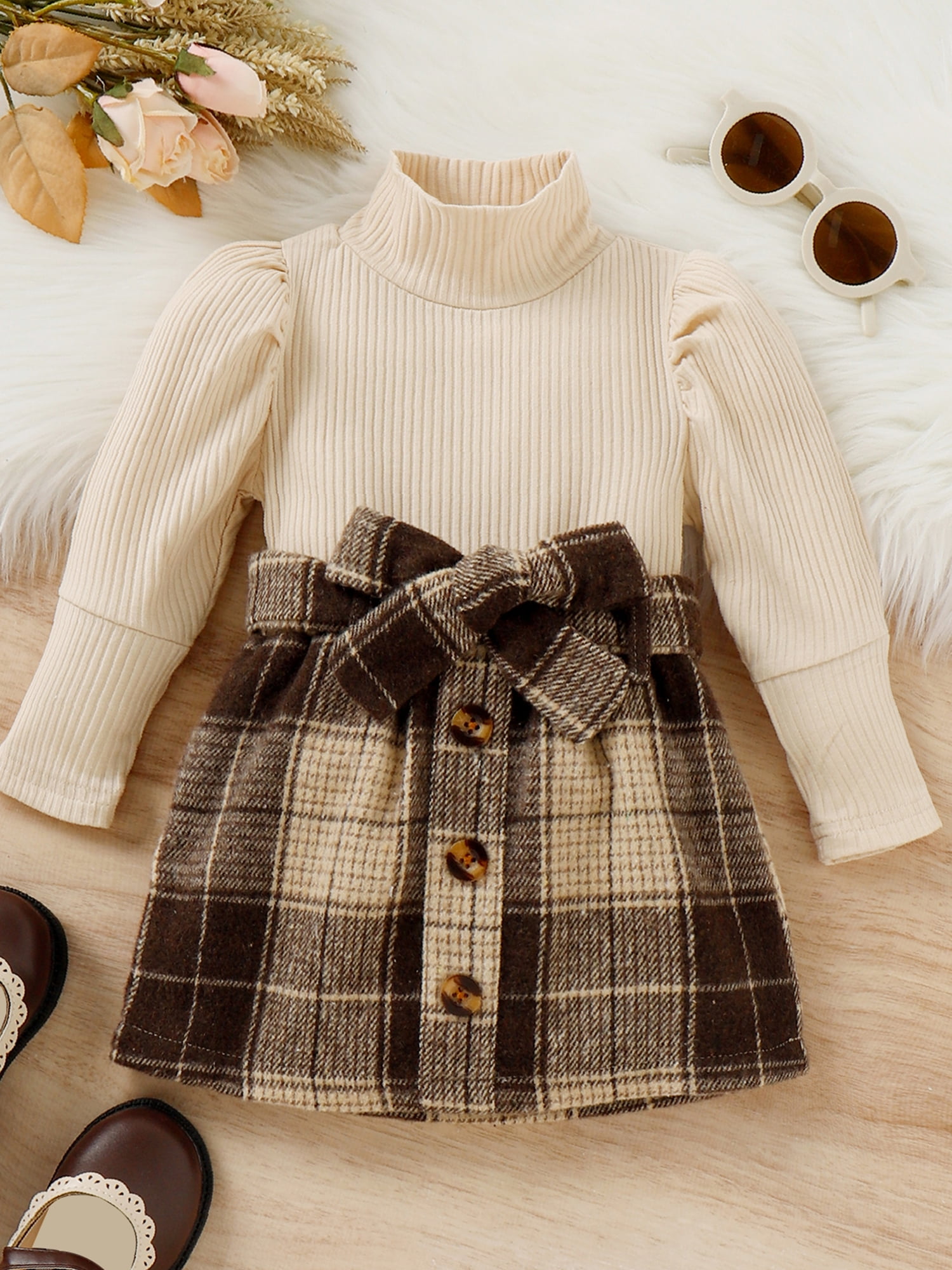 Toddler Baby Girl Skirt Outfits Turtleneck Knitted Cotton Long Sleeves Pullover  Tops Plaid Button Mini Skirts with Belt Fall Winter Clothes Set 