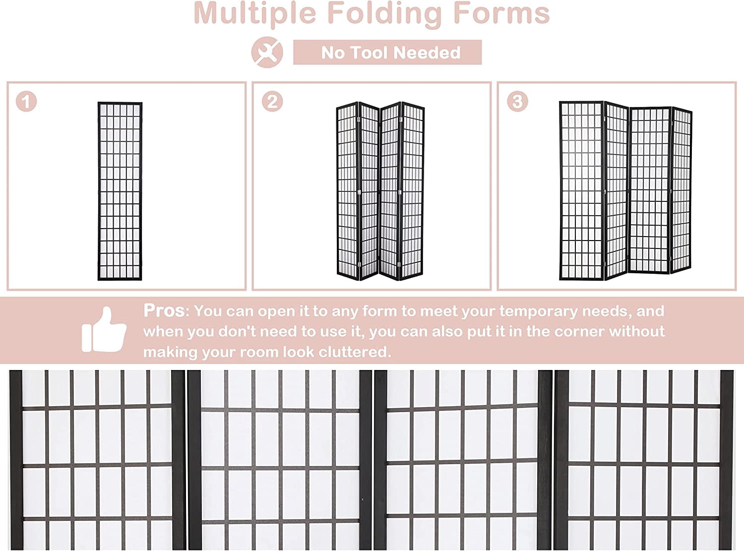 CL.HPAHKL 4 Panel Folding Room Divider, Shoji Style Privacy Screen Wooden Wall Divider