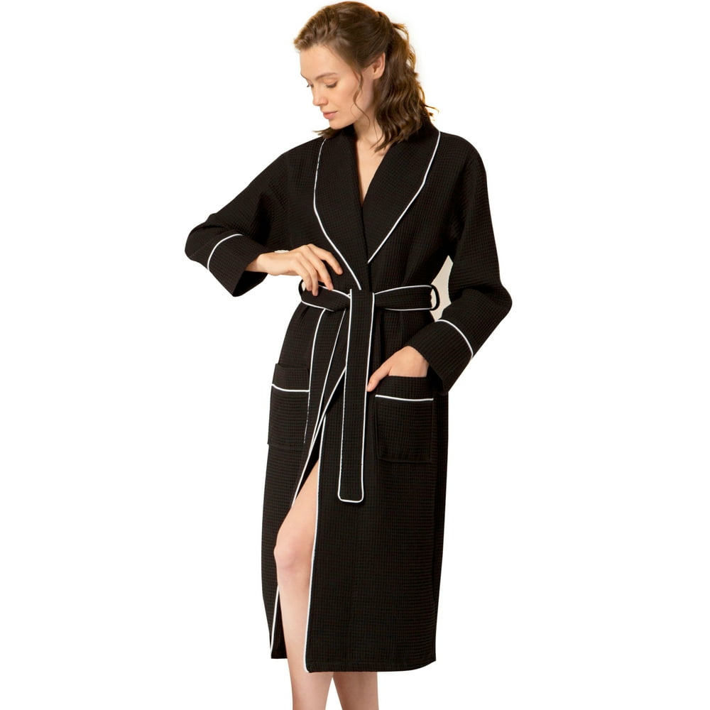 Women’s Luxury Waffle Shawl Collar Robe with Piping – Lightweight, Long ...
