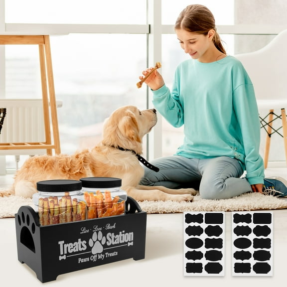 Wood Dog Treat Container With Jars and Stickers Anti Deformation Space Saving Dog Treat Organizer Decorative Easy to Clean Dog Treat Station for Countertop