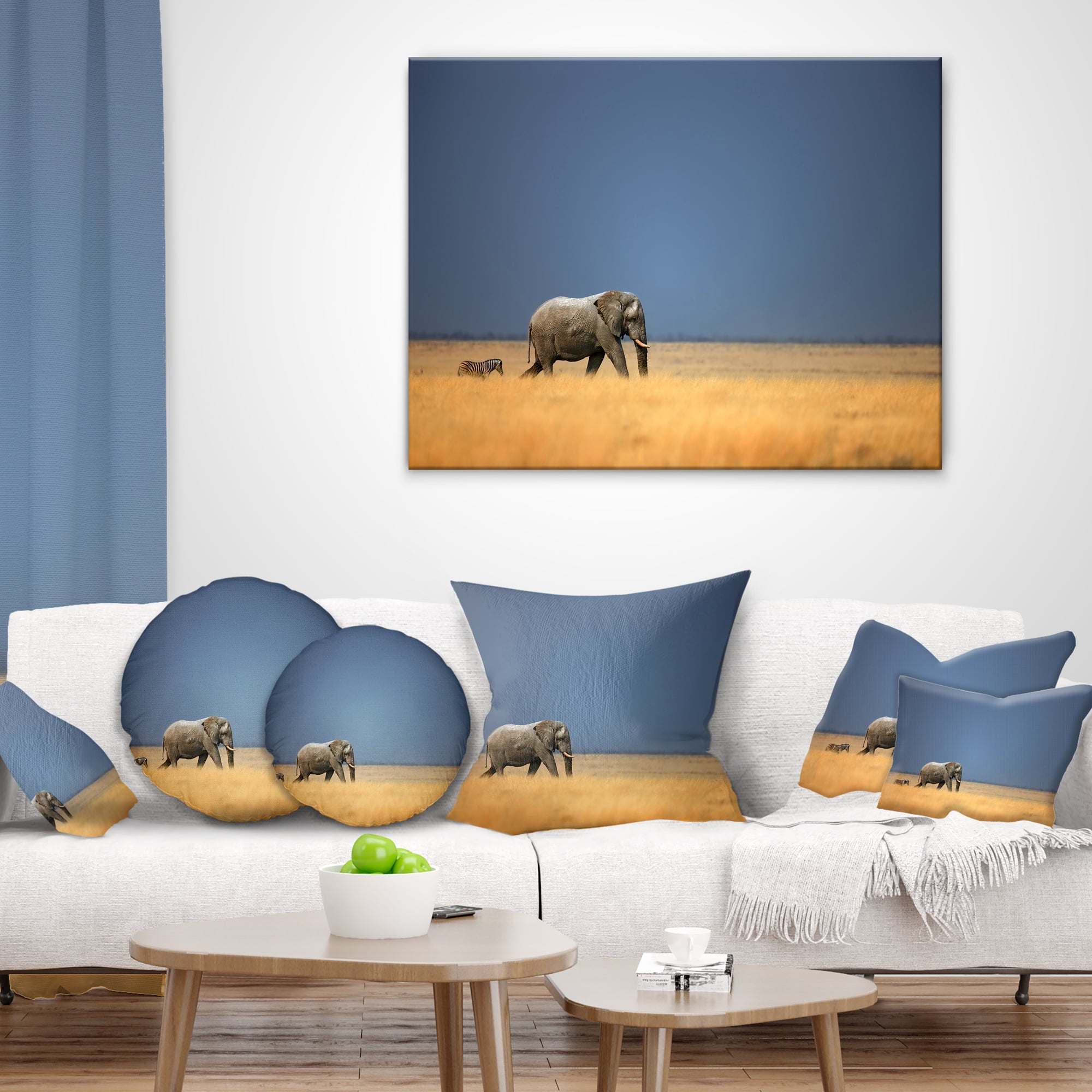 Designart Elephant and Zebra Walking in Bush - African Throw Pillow - 18x18