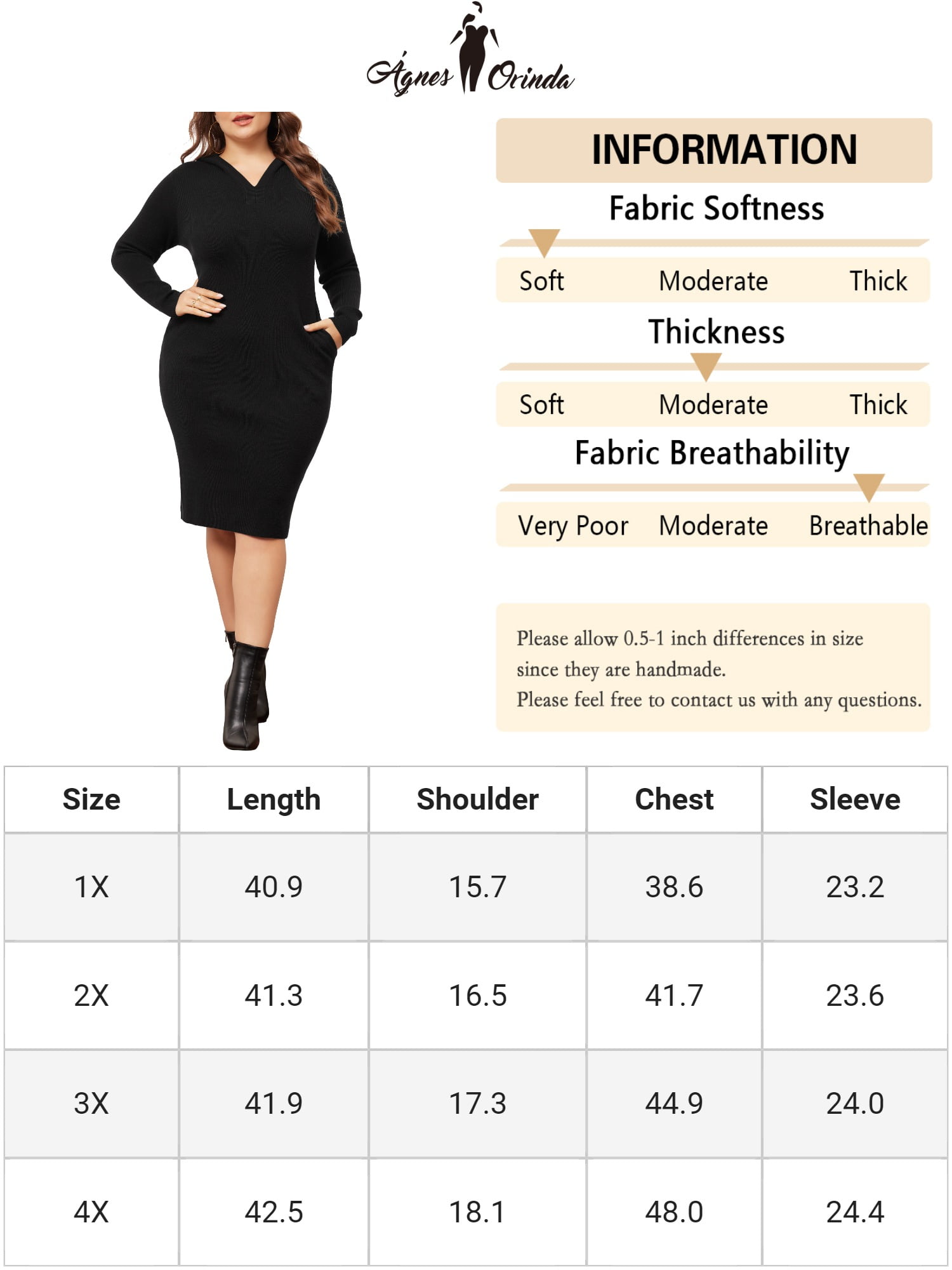 DARING DIVA Plus Size Women Fall Sweater V Neck Knit Pullover Dress 1X Black