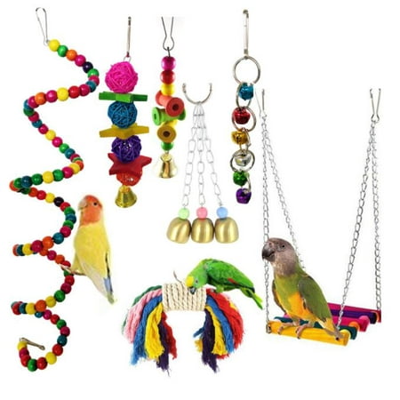 View of Bird Parrot Toys Play Set for Bird Cage, Colorful Chewing Hanging Swing ...