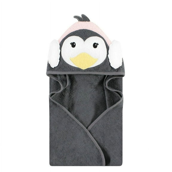 Hudson Baby Infant Girl Cotton Animal Face Hooded Towel, Earmuff Penguin, One Size