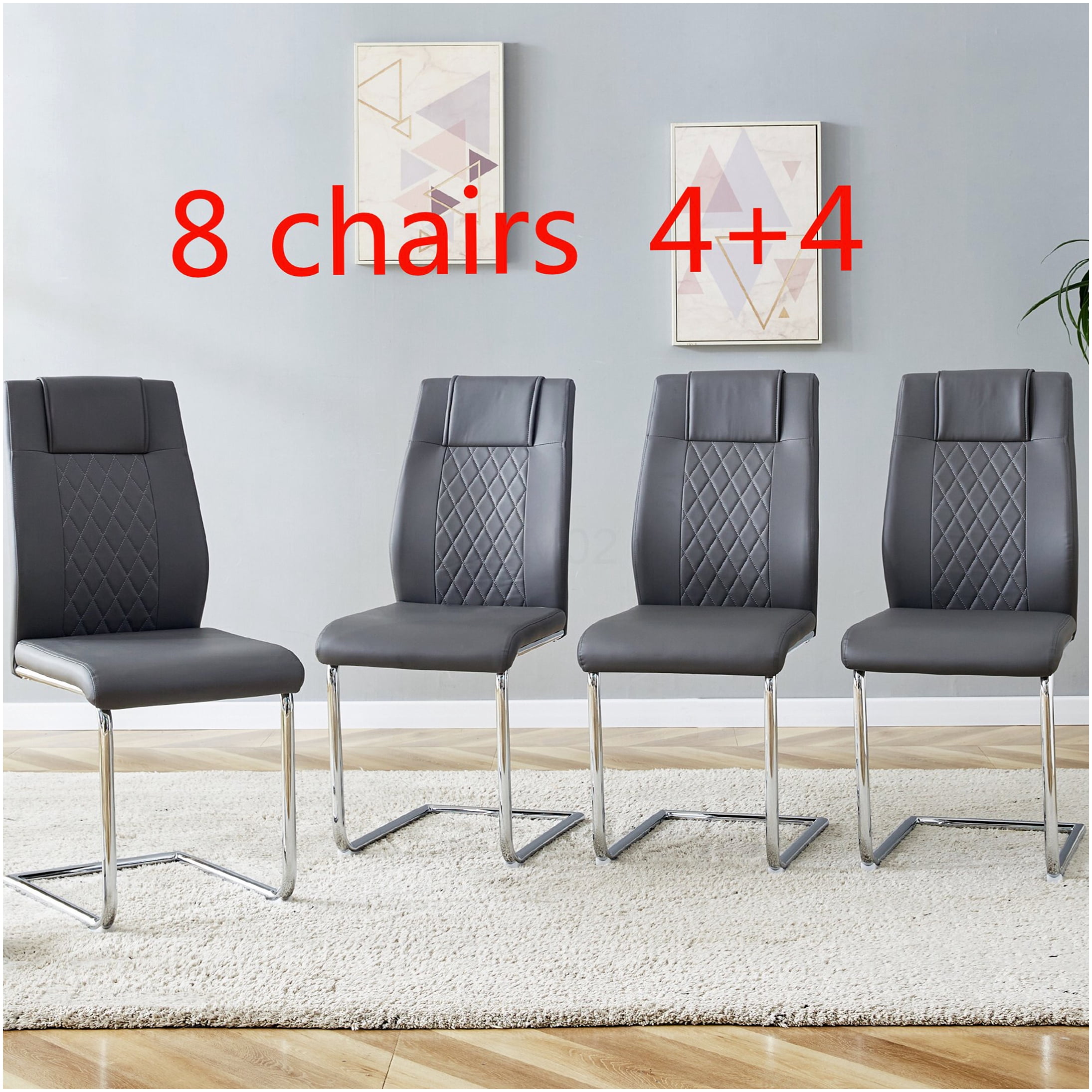 Modern PU Leather Dining Chairs Set of 8, Grey Upholstered Side Chairs with Padded Seat and Sturdy Metal Legs for Kitchen Dining Room