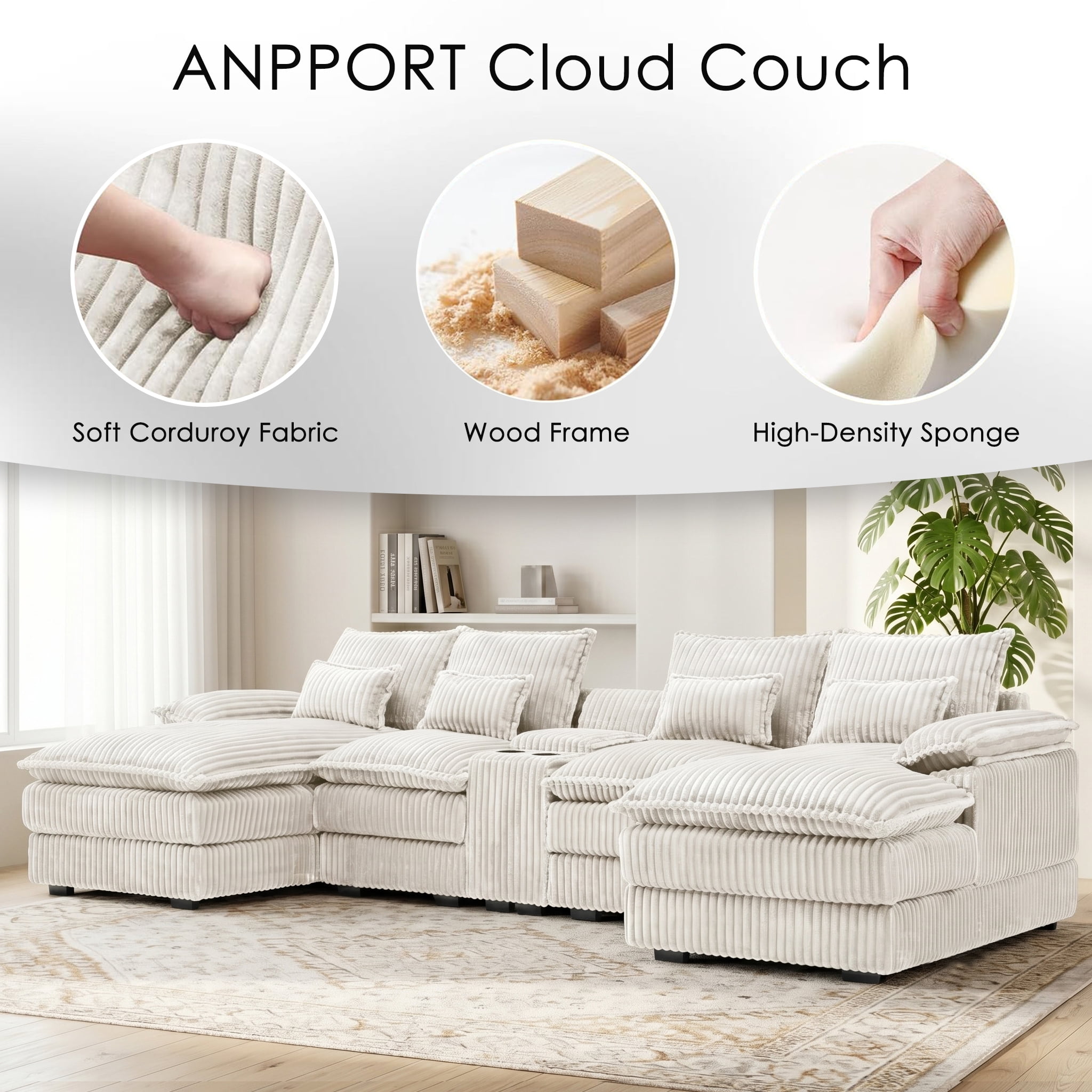 ANPPORT 124" U Shaped Cloud Modular Sectional Sofa, Corduroy Deep Seat Couch with Storage Console, USB Ports & Cup Holders for Living Room, White