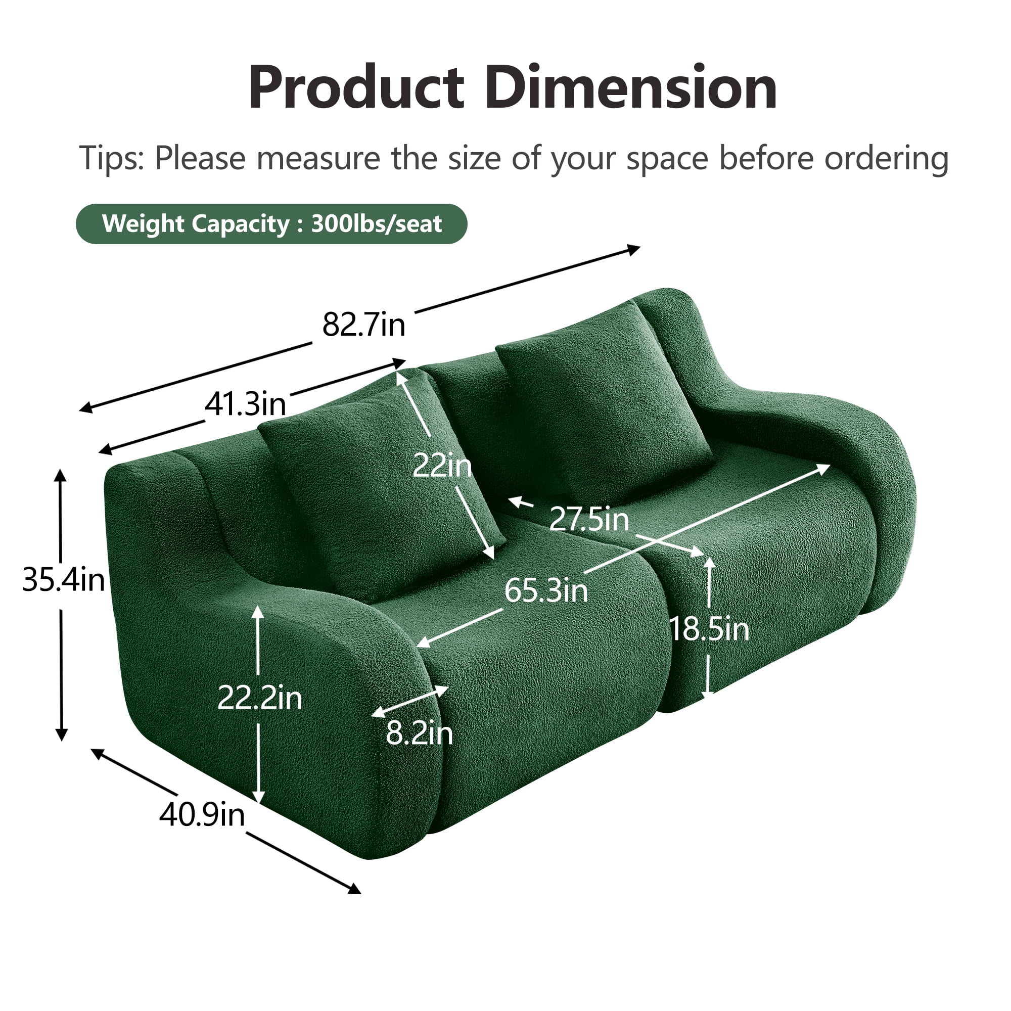 Alvantor Loveseat Sofa 83" W Teddy Boneless Couch Modern Deep Seat Cloud Loveseat for Living Room Green