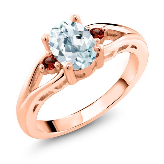 Gem Stone King 18K Rose Gold Plated Silver Sky Blue Aquamarine and Red Garnet 3 Stone Engagement Ring for Women | 1.30 Cttw | Oval 8X6MM | Round 2MM | Gemstone March Birthstone | Size 8