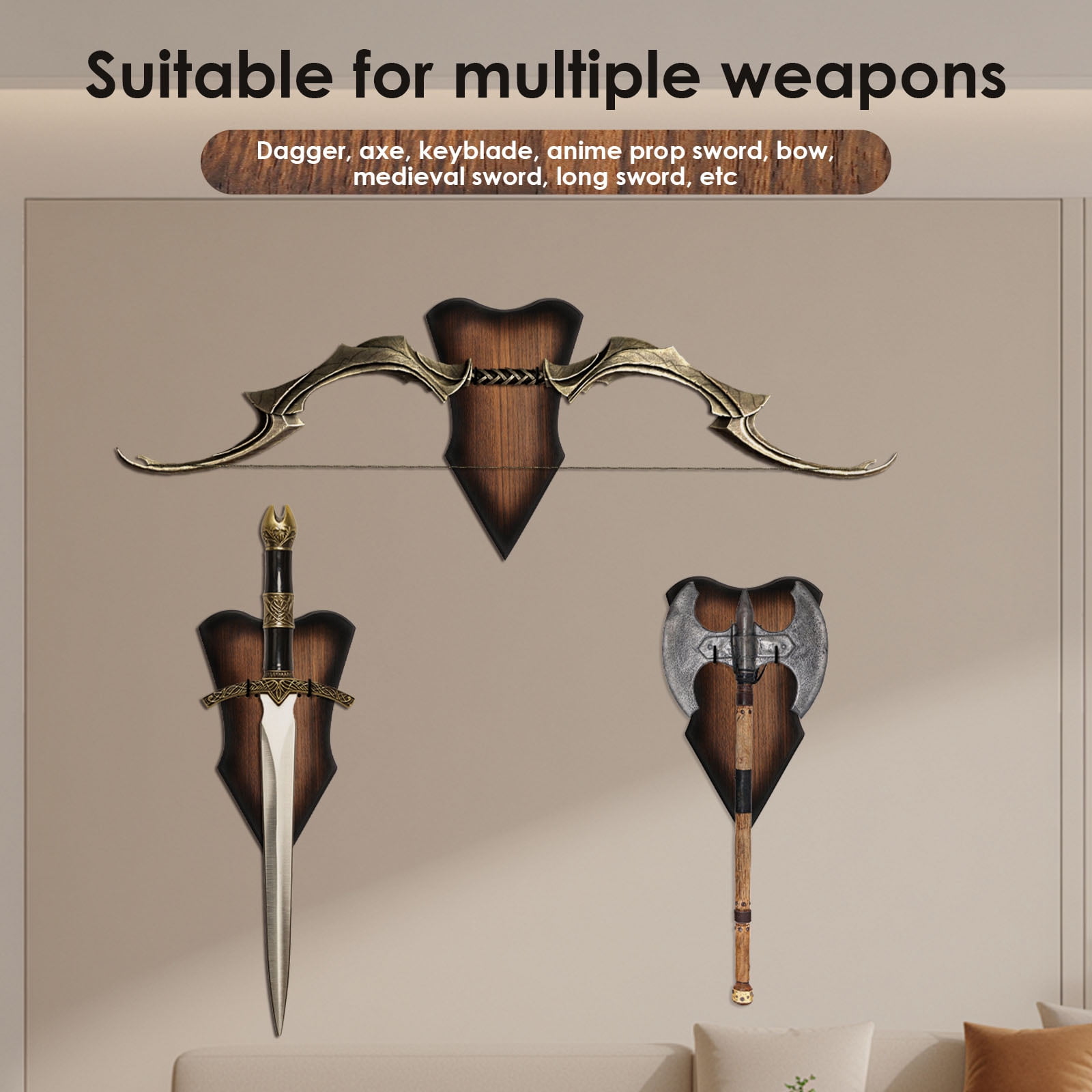 Sword Wall Mount Adjustable Vertical Sword Stand Multifunctional Wood Katana Wall Mount for Displaying Bow Dagger Axe Anime Prop