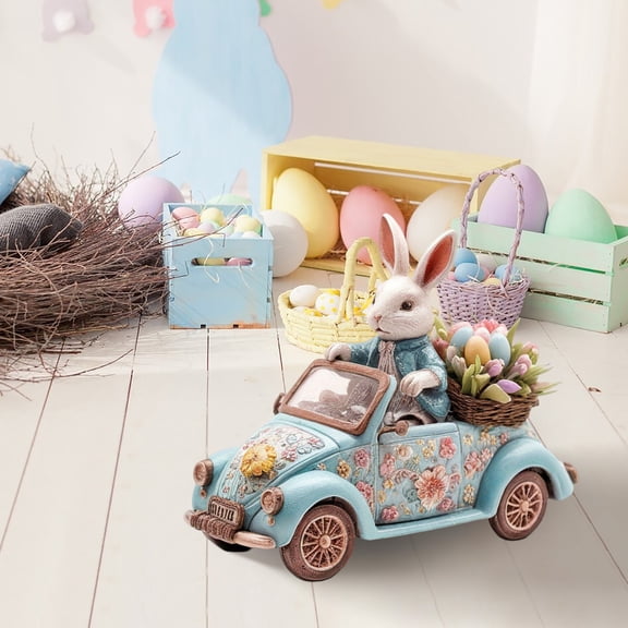 JHEHF Happy Easter Vintage Truck with Eggs Figurine Easter Car Rabbit Table Desktop Decorations Farmhouse Spring Statue Decorations for Home Table Kitchen Figurines Ornament