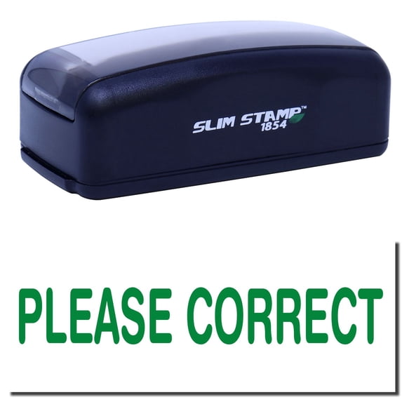 Large Pre-Inked Please Correct Stamp, Slim 1854, Ultra Slim Design, Impression Size 1-13/16" by 2-1/2", Up to 25,000 Impressions - Green Ink