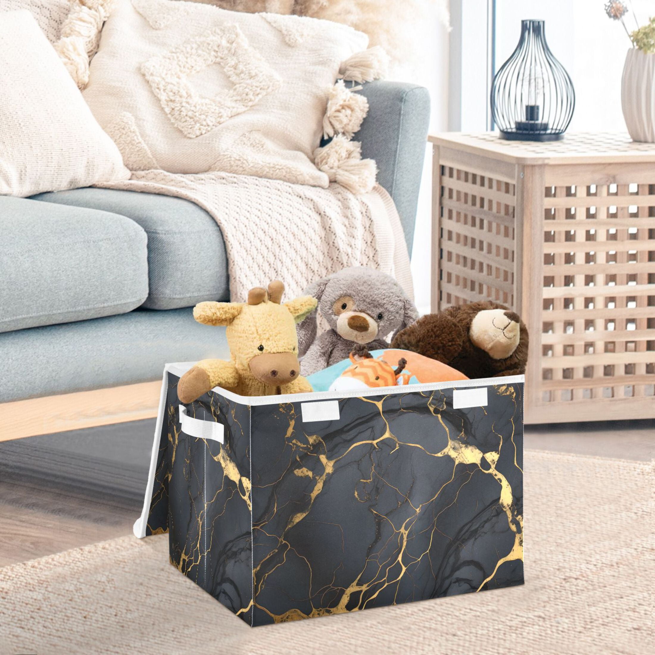 Black and Golden Marble Large Lidded Bin Foldable Storage Baskets Boxes Cubes Lids with 2 Handles for Home Bedroom Office 16.5x12.6x11.8inch
