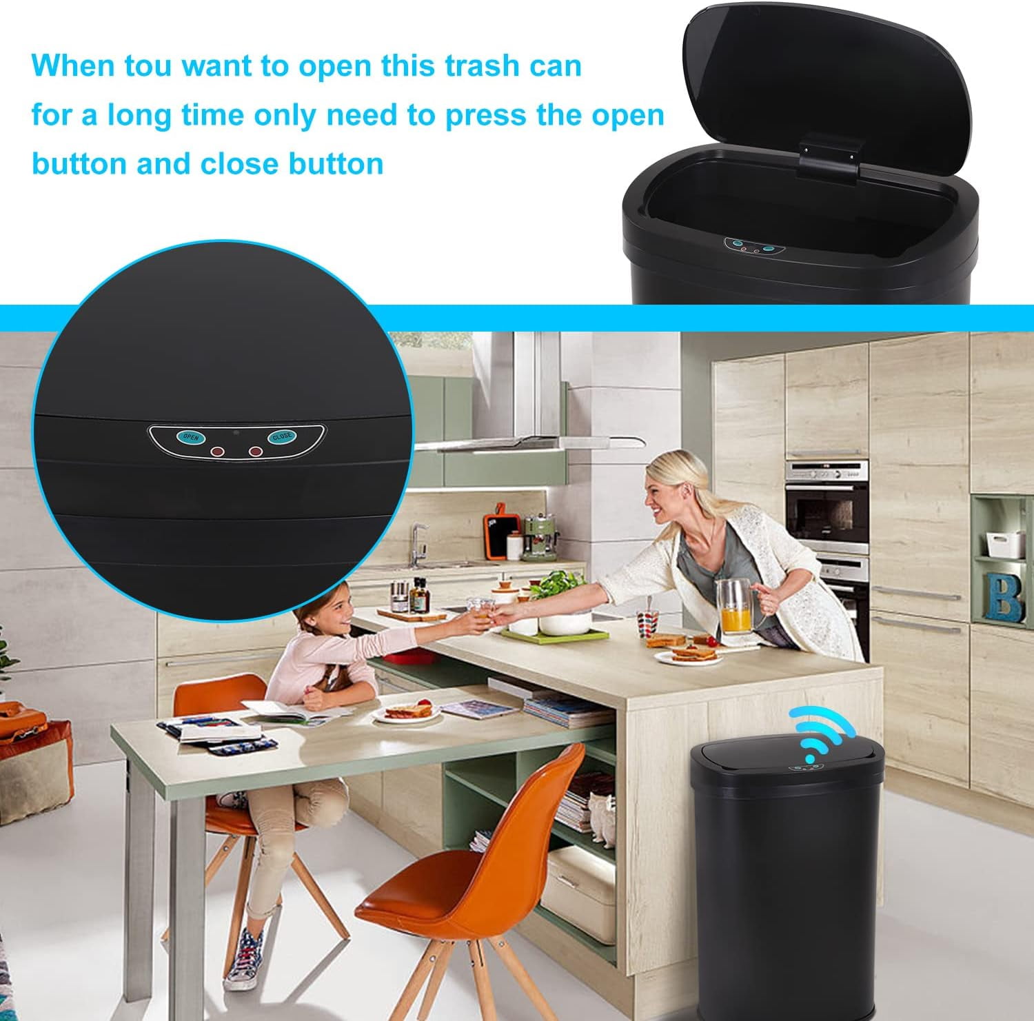 BIQWBIC 13 Gallon Automatic Trash Can, Touchless Stainless Steel Kitchen Garbage Can, Black