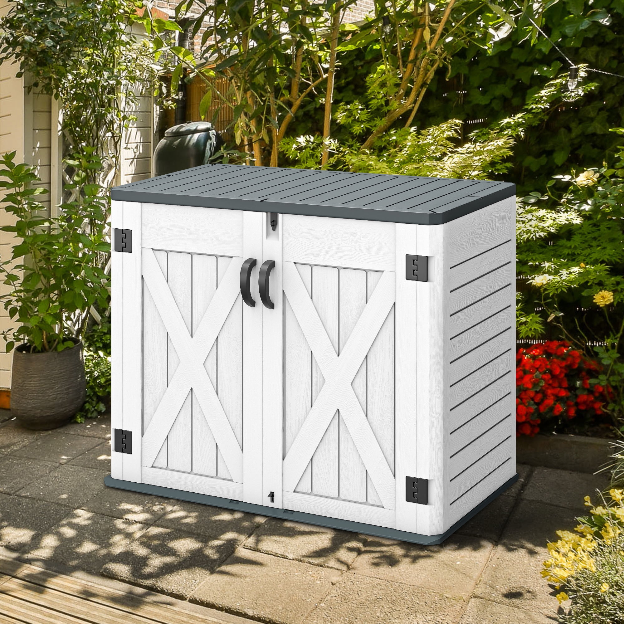 Outdoor Horizontal Storage Shed with X-Shaped Lockable Door, 35 Cu Ft Weather Resistant Resin Tool Shed