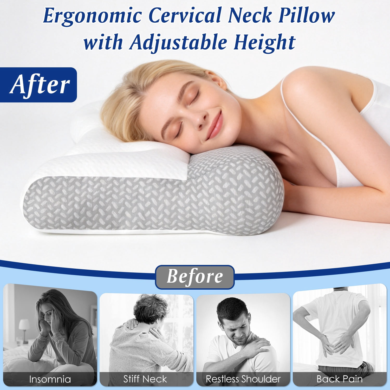 Astoutdoor Dual Zone Support Bed Pillow, Ergonomic Pillow with Ear Cutout for Side Sleepers, Breathable Mesh Cover, Down Alternative Fiber Filling for Home Bedroom Use