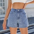 thumbnail image 2 of Chaqueta de Denim Ligera para las Mujeres de Verano Botón Doble Bolsillo Uñas Perlas Moda Pantalones Cortos Poliéster, Pantalones Casuales Estilo Denim para las Mujeres, 2 of 9
