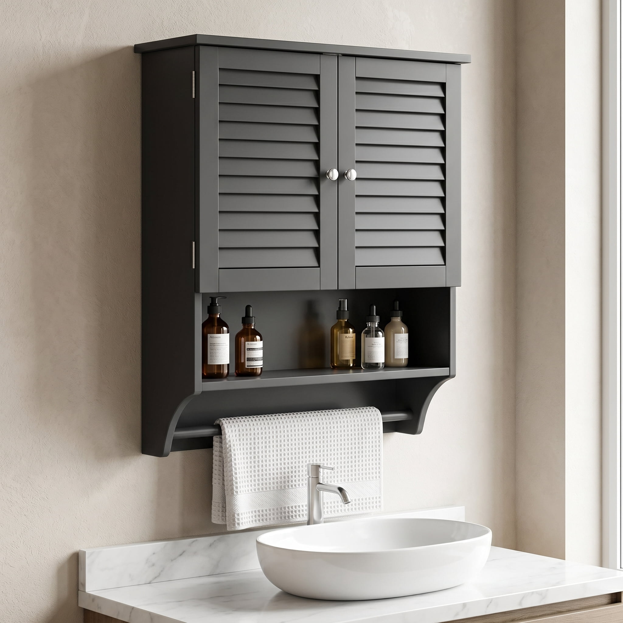 Kadyn Bathroom Cabinet Wall Mounted, Hanging Cabinet, Wall Cabinet,2-Doors Bathroom Wall-Mounted Medicine Cabinet with Towel Bar-Black