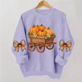 thumbnail image 2 of DeeHomeMo Pumpkin Harvest Cart Print Women Pullover Sweatshirt Wide Round Neck Long Sleeve Regular Fit Bow Applique On Sleeves For Fall Daily Casual Outing Purple,XL, 2 of 5