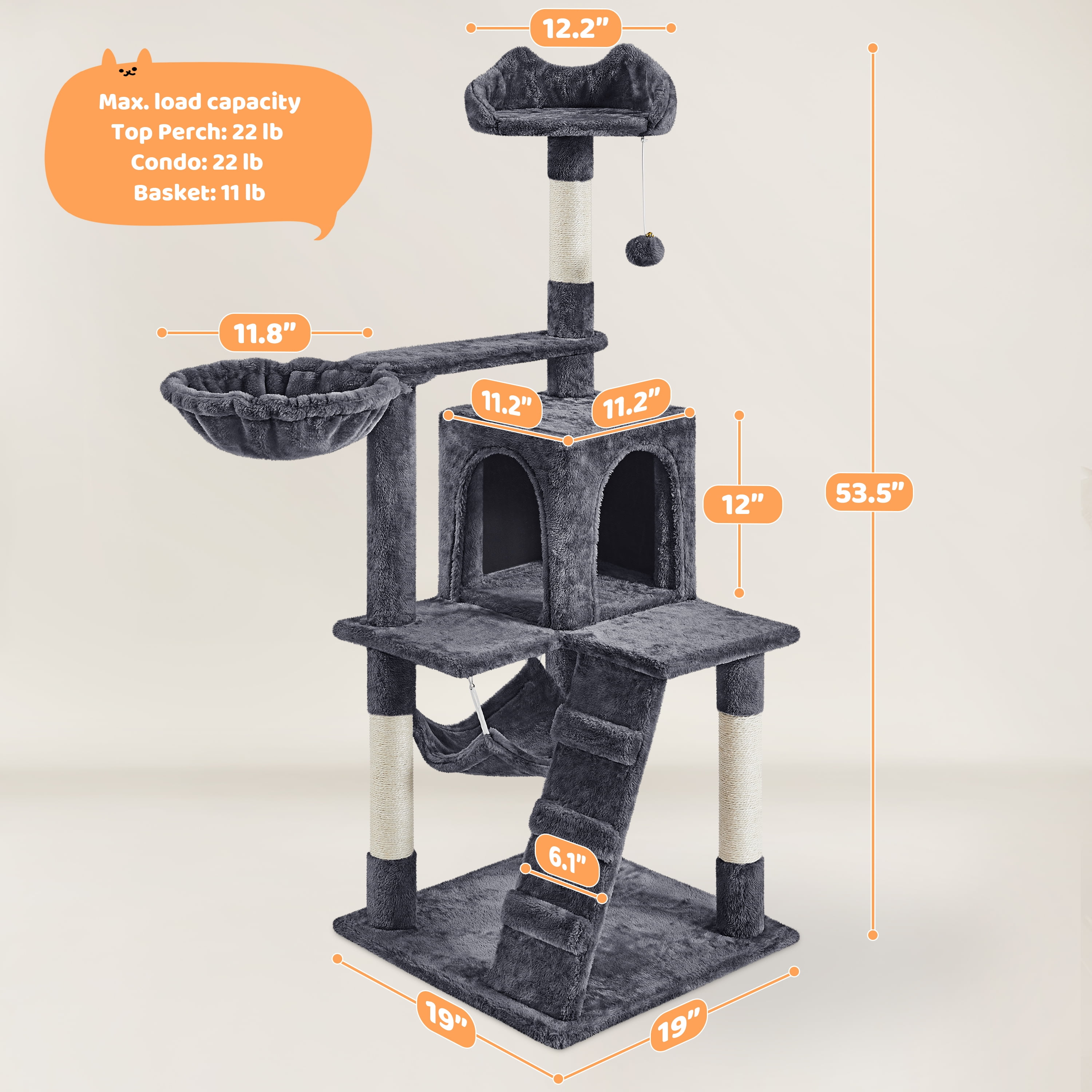 Alden Design 54" Cat Tree with Hammock, Basket and Scratching Post Tower, Dark Gray