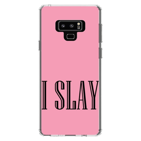 DistinctInk Clear Shockproof Hybrid Case for Samsung Galaxy Note 9 - TPU Bumper, Acrylic Back, Tempered Glass Screen Protector - Black Pink "I Slay"