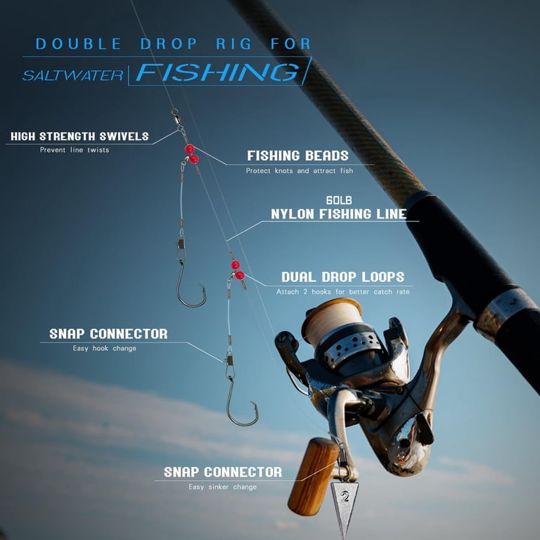 Double Drop Saltwater Fishing Rig  Mono 2 Hook Bottom Rigs with Swivels &  Snaps, Pre-Tied Surf Pier Boat Leader Line for Snapper, Bass, Mackerel,  Catfish - Walmart.com
