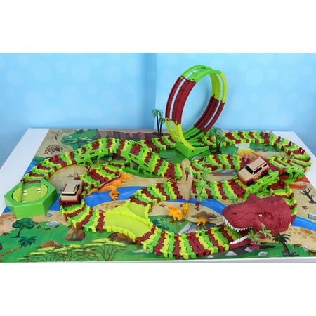 Kid Connection Dinosaur Park Track Set - Dino World, Flexible Race Track, Vehicles & Dinosaurs Included