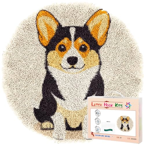Latch Hook Rug Kit Cute Corgi Dog Stamped Handmade Round Shape Carpet Crochet Yarn Craft DIY Hook and Latch Door Mat Tapestry for Home Floor Decor 50x50cm(4)
