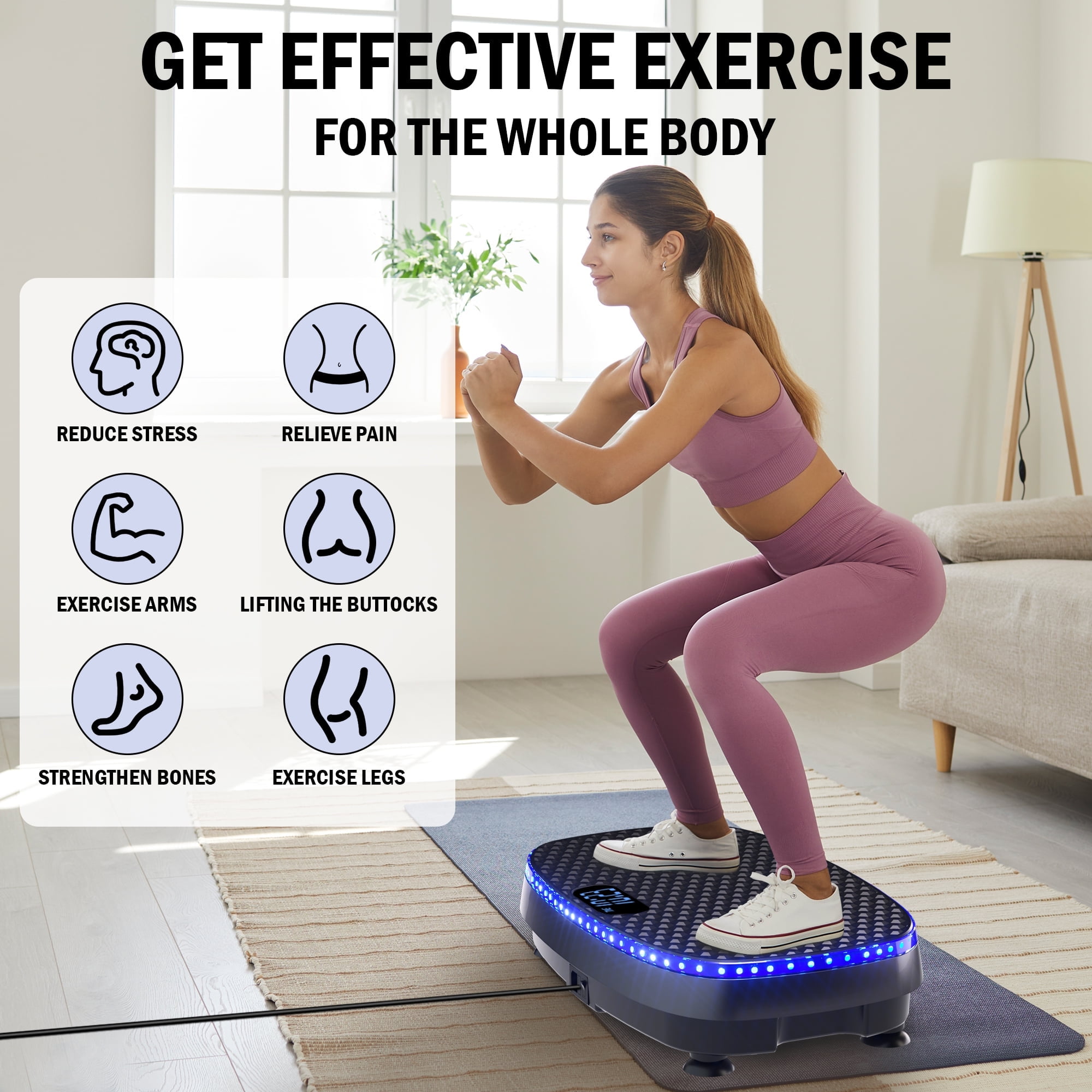 SLIMKEEPER Vibration Plate Exercise Machine for Home Fitness & Whole Body Workout, 350 Lbs Capacity, with 2 Loops, 5 Resistance Bands & Remote Control, Black mit LED Lights