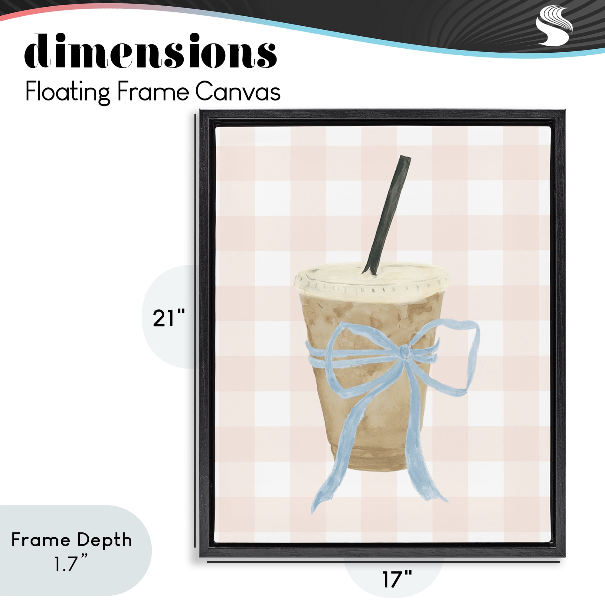 Stupell Industries Iced Coffee on Gingham Black Framed Floater Canvas Wall Art, design by Lucille Price