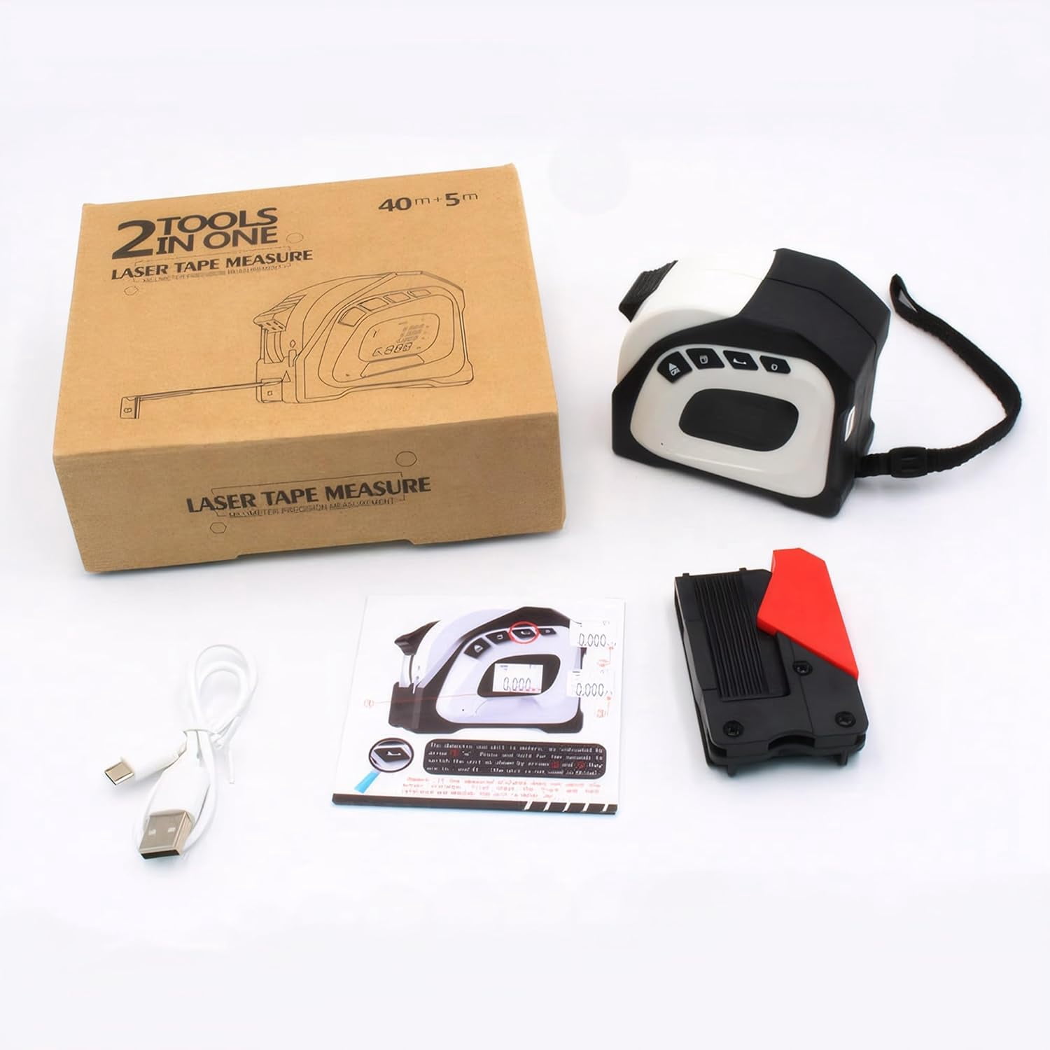 2-in-1 Laser Tape Measure: 131Ft/40m Digital Tape Measure with Infrared Laser, 16ft/5m Retractable Electric Measuring Tape with Led Display | Pythagorean, Area, Volume, Ft/Ft+in/in/M Unit (White)