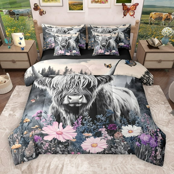 Castle Fairy White Highland Bull 7-Piece Twin Bedding Sets for Teens Girls Boys,Spring Graden Flowers Bedding Comforter Set,Rustic Animal Breathable Sheet Sets,Luxury Bedroom Decor