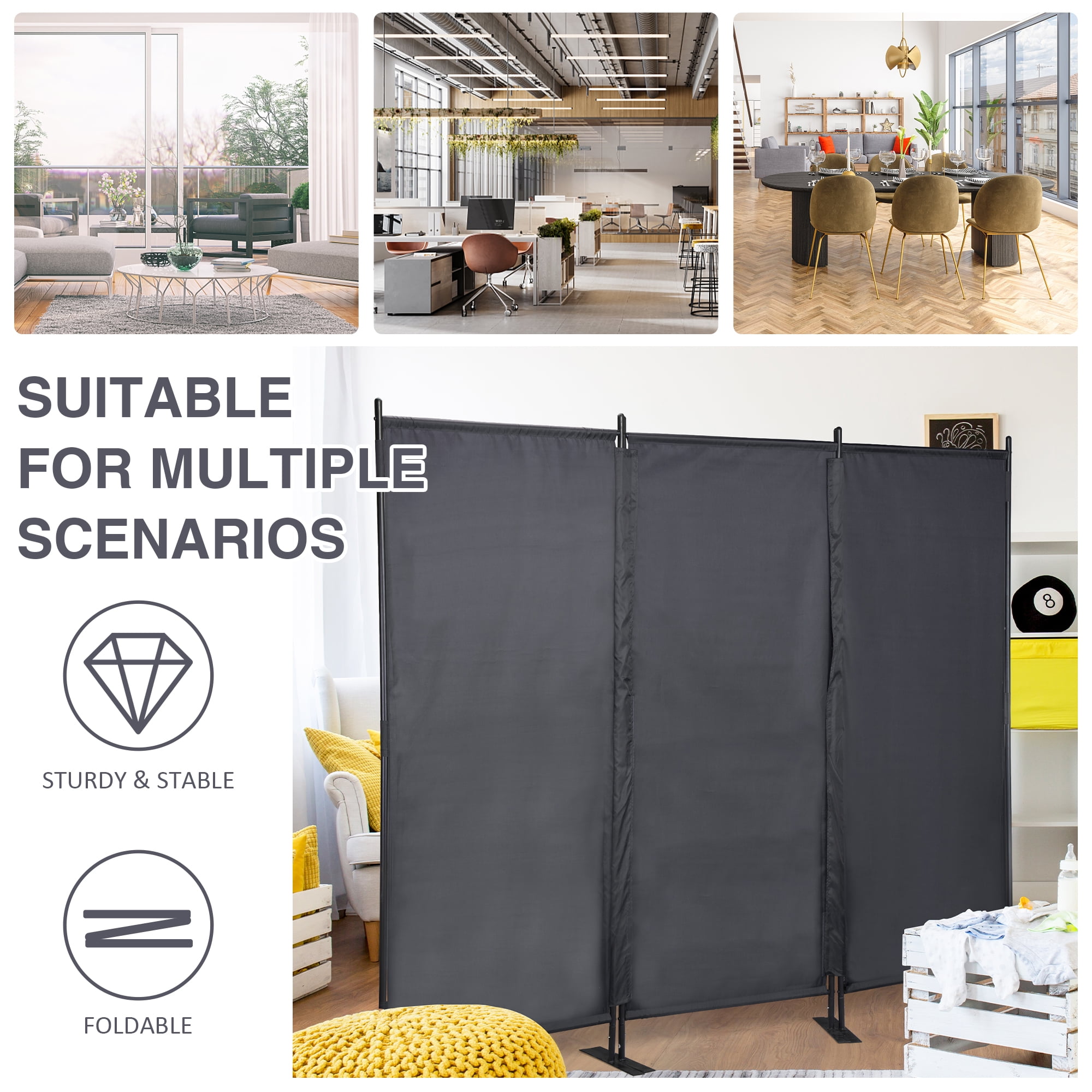 JAXPETY 6 Ft Modern Room Divider, Folding Privacy Screen with 3 Panels and Metal Standing, Portable Wall Partition for Home Office Separator, Black