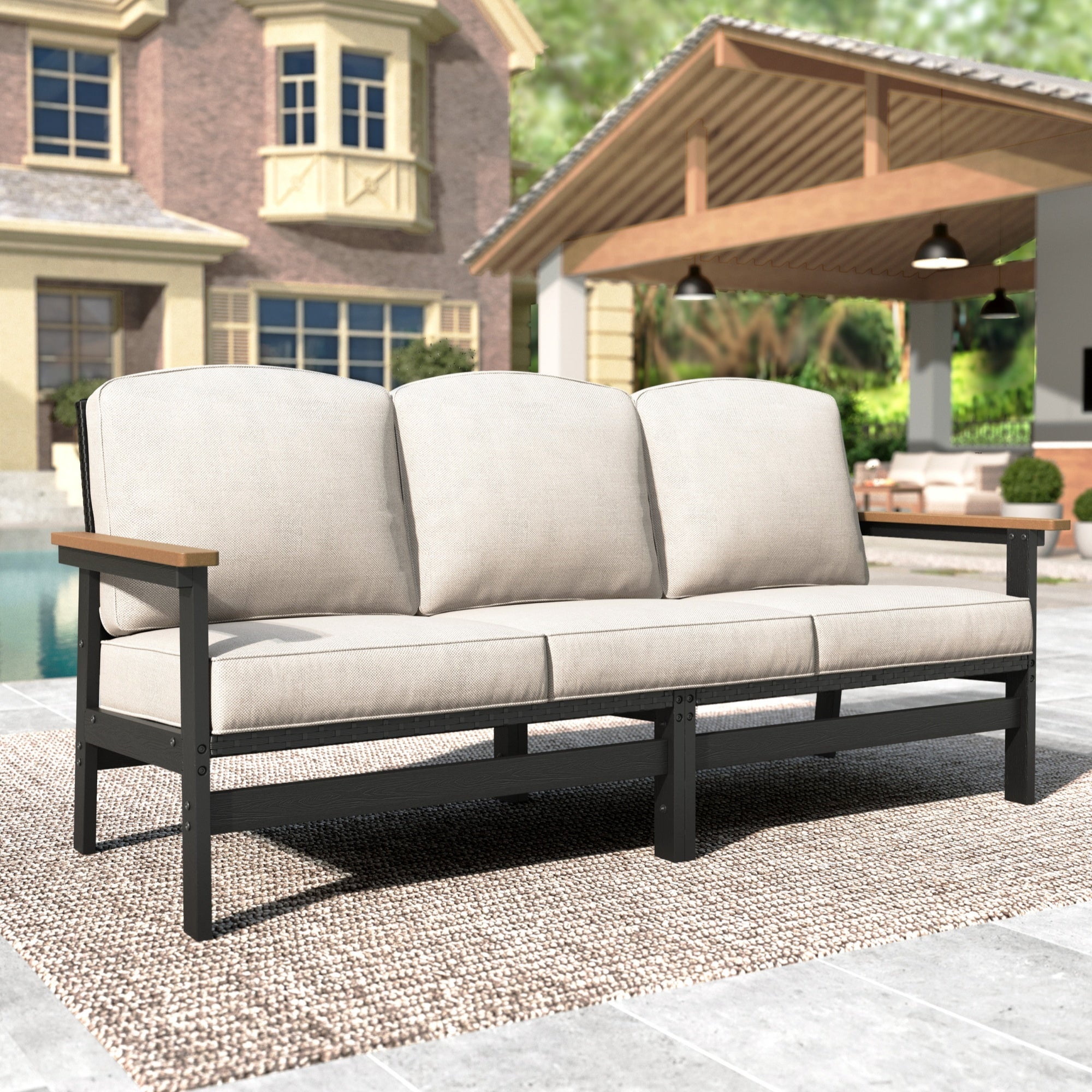 MF Studio HDPE Patio Furniture Set, 4-Piece HDPE & Wicker Outdoor Conversation Set with Thick Cushions and Coffee Table, Black