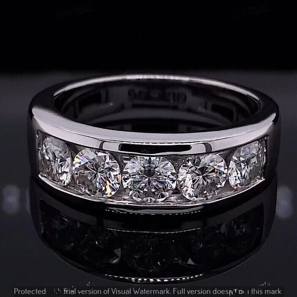 ORLOV DIAMONDS Men 3 Ct Round Cut Moissanite 5-Stone Wedding Band Ring 14k White Gold Plated