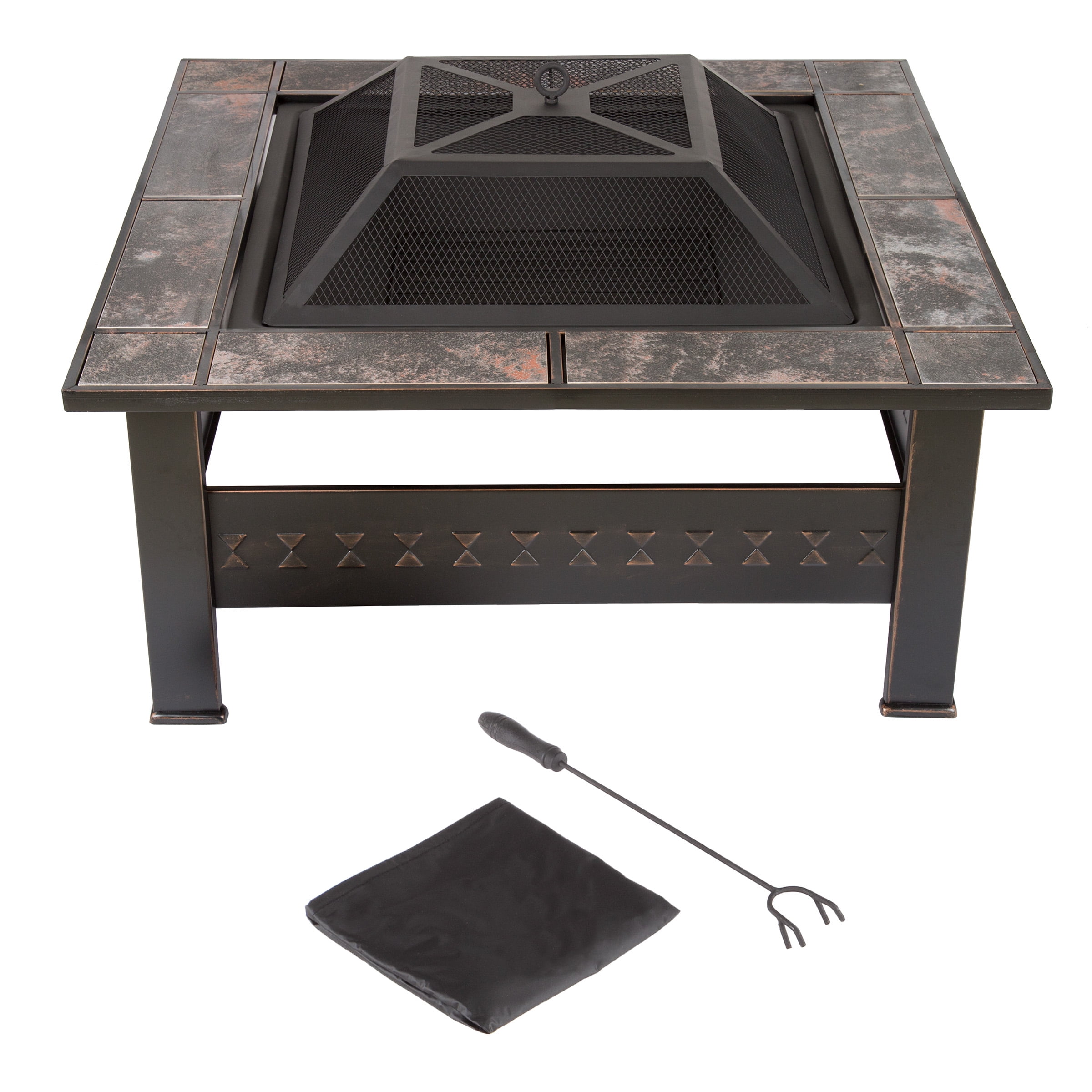 Pure Garden 32-Inch Outdoor Steel Fire Pit with Screen, Cover, and Poker (Bronze)