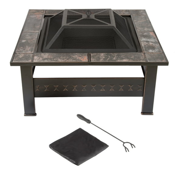 Fire Pit Set, Wood Burning Pit -Includes Screen, Cover and Log Poker- Great for Outdoor and Patio, 32 InchÂ? Marble Tile Square Firepit by Pure Garden
