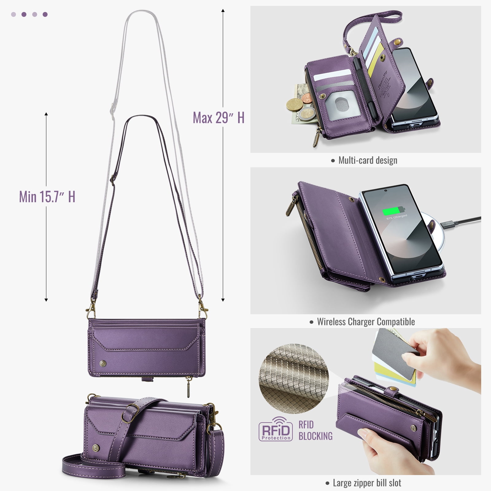 Allytechgroup Crossybody Purse Wallet Case for Samsung Galaxy Z Fold 4, RFID Blocking Zipper Pocket Shoulder Strap Hand Wrist Flip Shockproof Phone Case for Girls Women, Purple