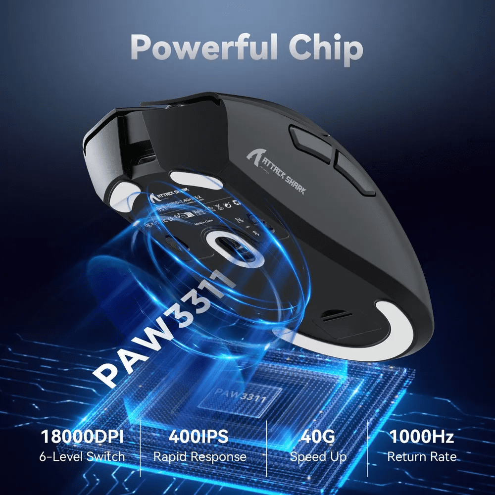 ATTACK SHARK R1 SUPERLIGHT Mouse with Tape, PixArt PAW3311 Gaming Sensor, BT/2.4G Wireless/Wired Gaming Mouse, 6 Adjustable DPI up to 18000, 65 Hrs Battery, Office Mice for Win11/Xbox/PS/Mac