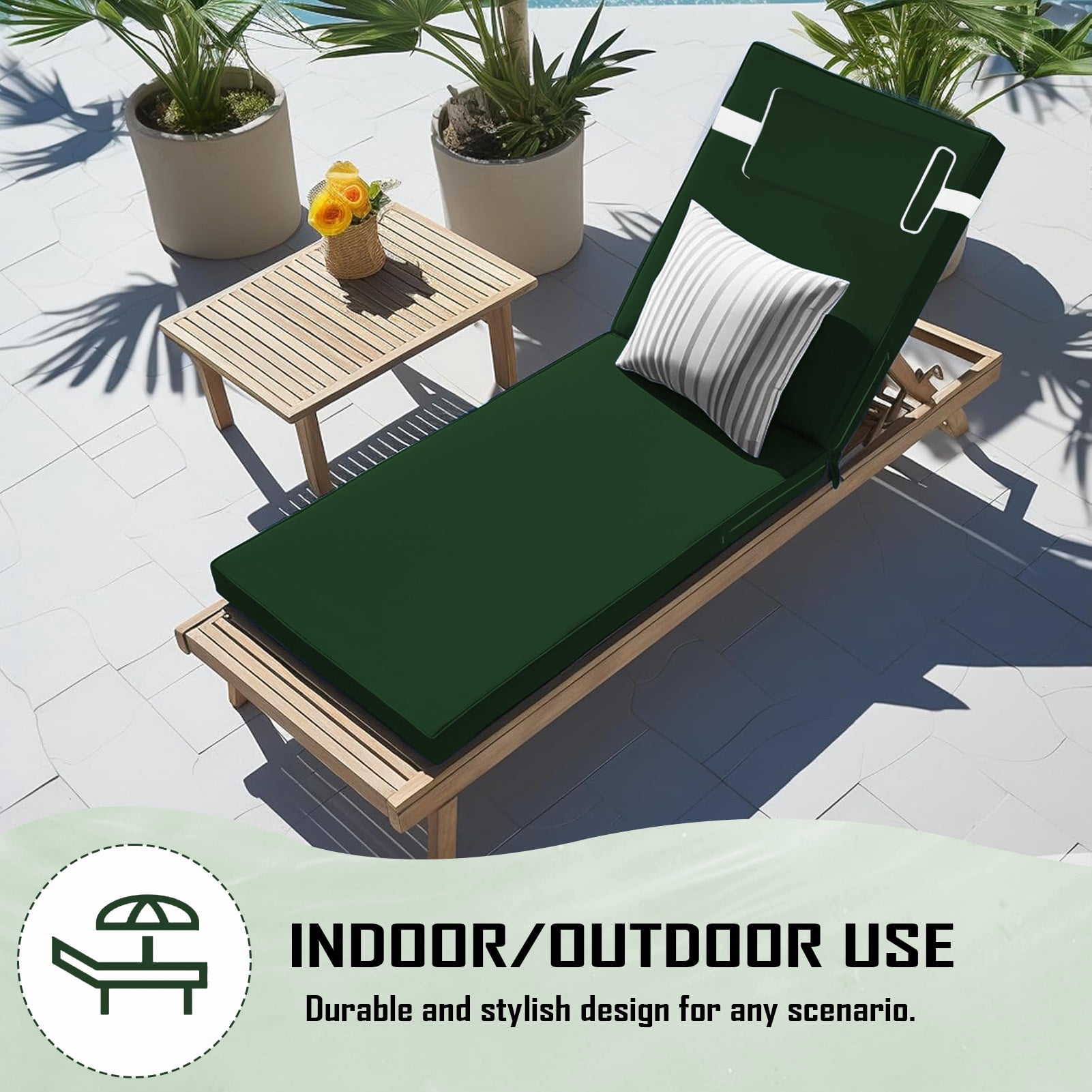 Outdoor Chaise Lounge Cushion with Adjustable Headrest and Straps