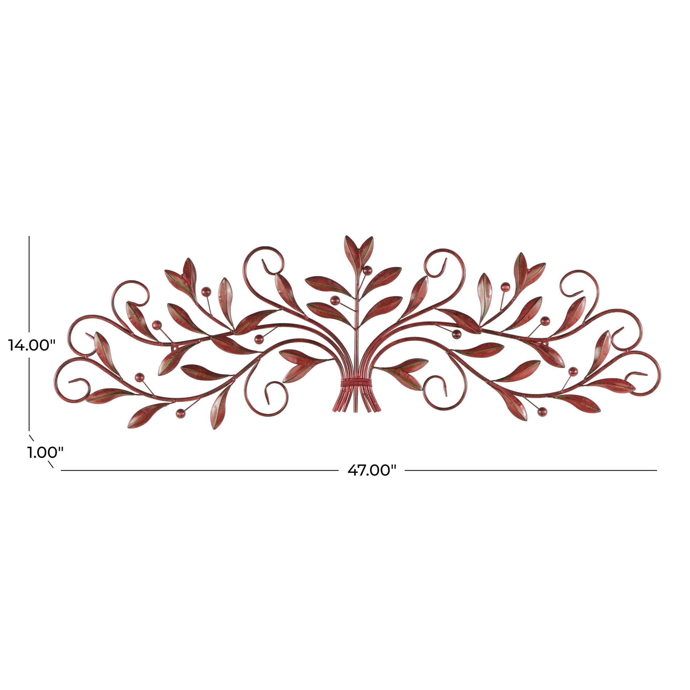 DecMode Red Metal Long Scrolled Leaf Wall Decor with Beaded Accents