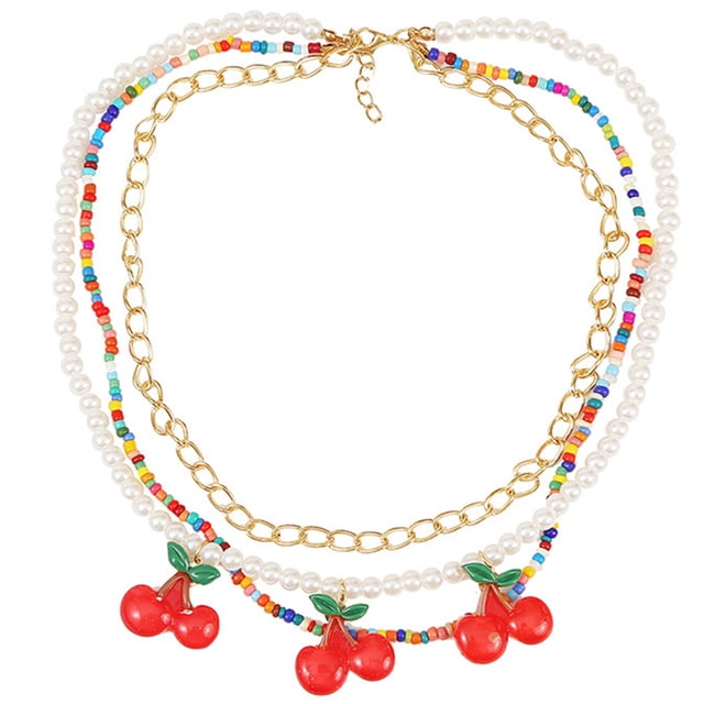 Collier Multicouche Mode Fausse Perle Collier Cerise Collier de Perles pour Femmes