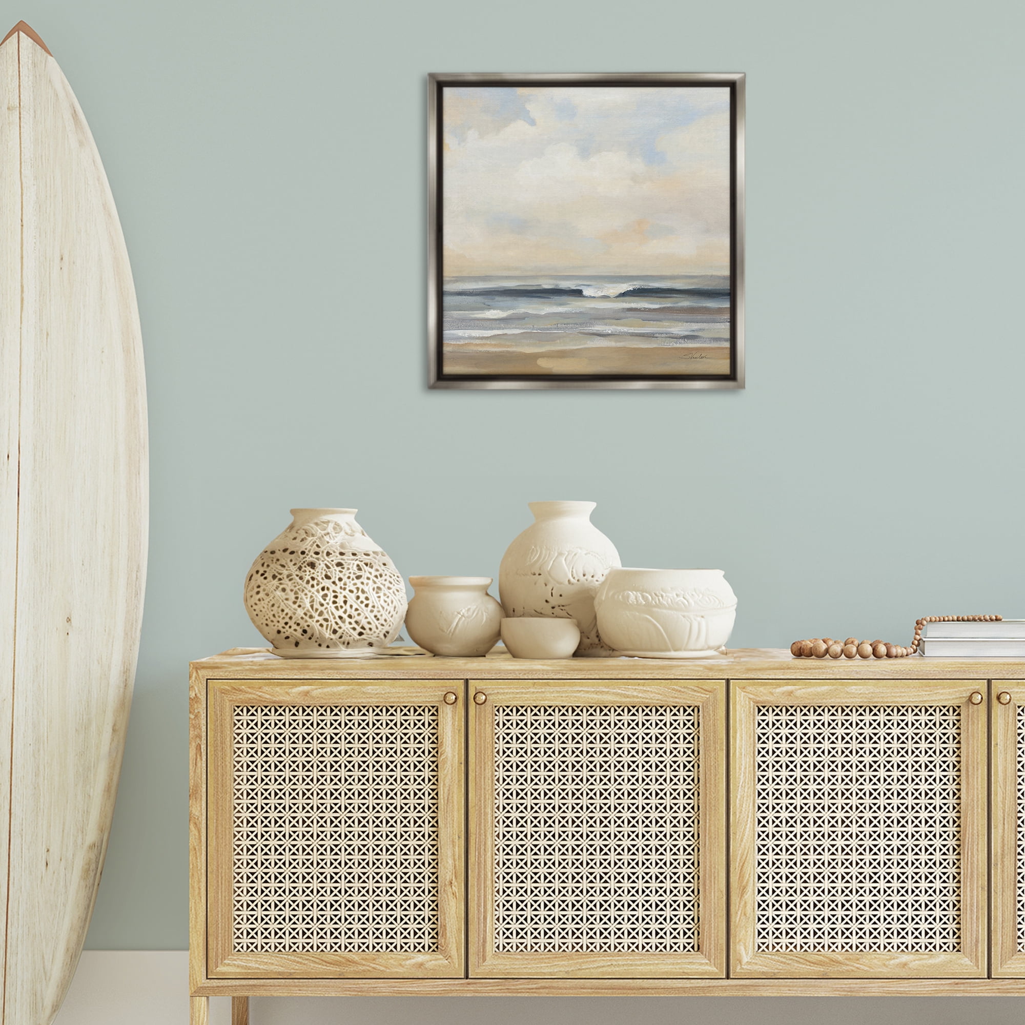 Stupell Industries Misty Haze Shoreline Nautical & Beach Painting Gray Floater Framed Canvas Art Print Wall Art, 25 x 25