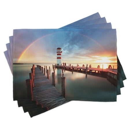 

Lighthouse Placemats Set of 4 Sunset at Seaside Wooden Docks Lighthouse Clouds Rainbow Waterfront Reflection Washable Fabric Place Mats for Dining Room Kitchen Table Decor Multicolor by Ambesonne