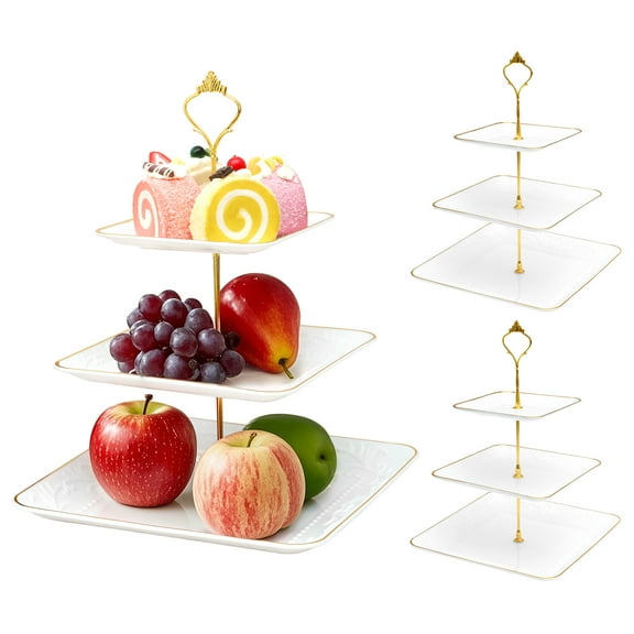 3Pcs Plastic Square Style Tiered Cupcake Stand Easy to Assemble 3 Tier Cupcake Display Tower with Gold Rim for Party Wedding