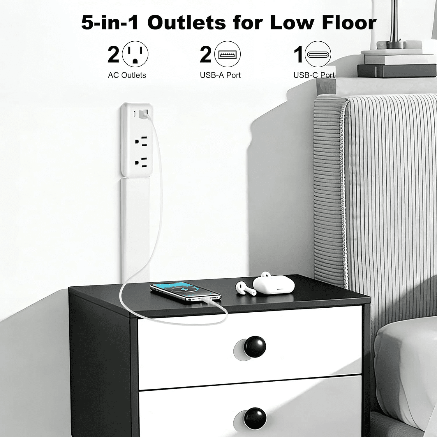 Telescopic Electrical Outlet Extender, 22"-34" Extension, 180° Swivel, 2 AC Outlets & 3 USB (1C/2A) for Hard-to-Reach Outlets
