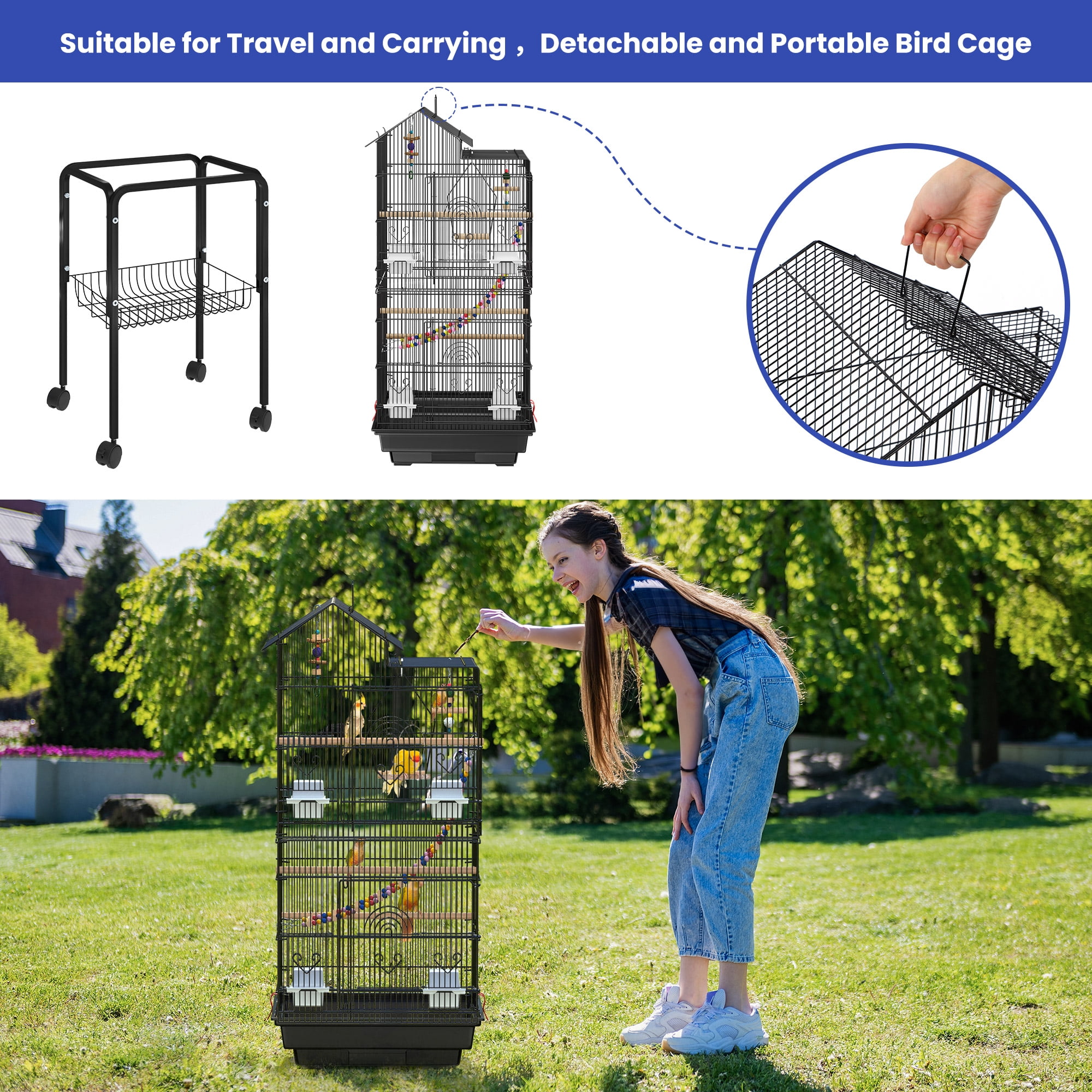 ModFusion 62" Metal Bird Cage Playtop Rolling Stand for Parakeet Lovebird Sun Conure Black