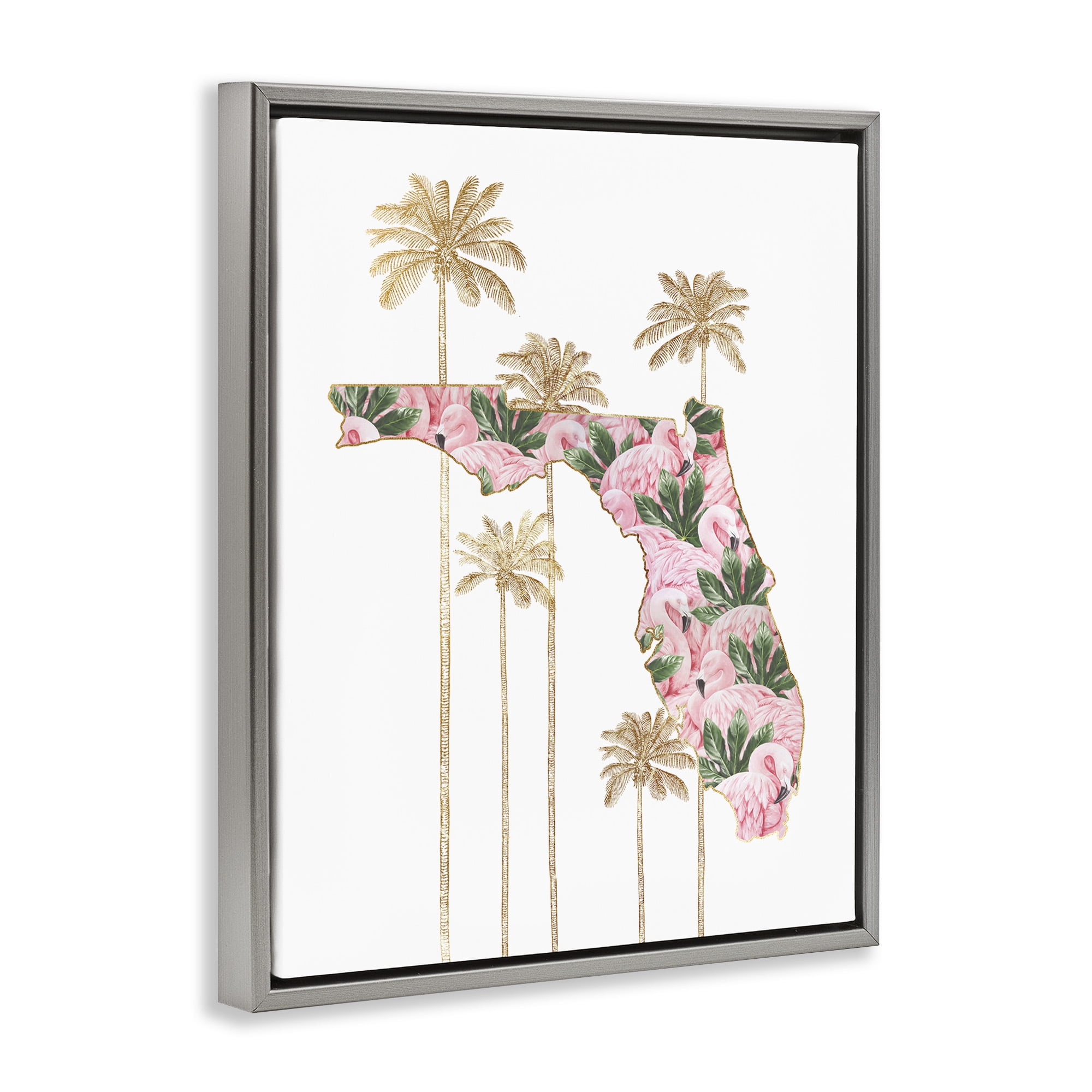 Stupell Industries Flamingo Patterened Florida Town & City Painting Gray Floater Framed Canvas Art Print Wall Art, 17 x 21